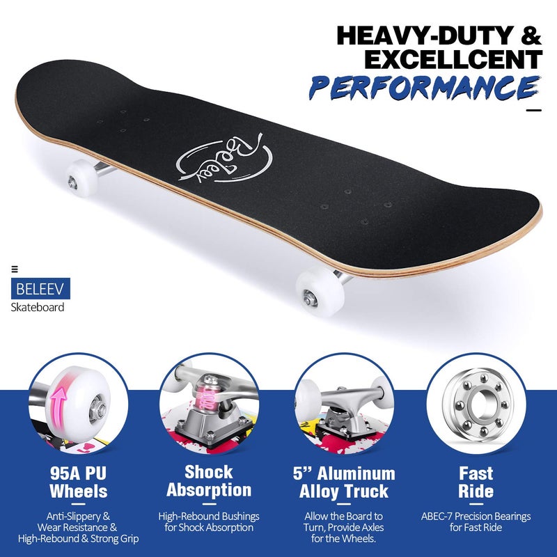 BELEEV Skateboards for Beginners, 31 Inch Complete Skateboard for Kids Teens Adults, 7 Layer Canadian Maple Double Kick Deck Concave Cruiser Trick Skateboard (Graffiti) - Image 5